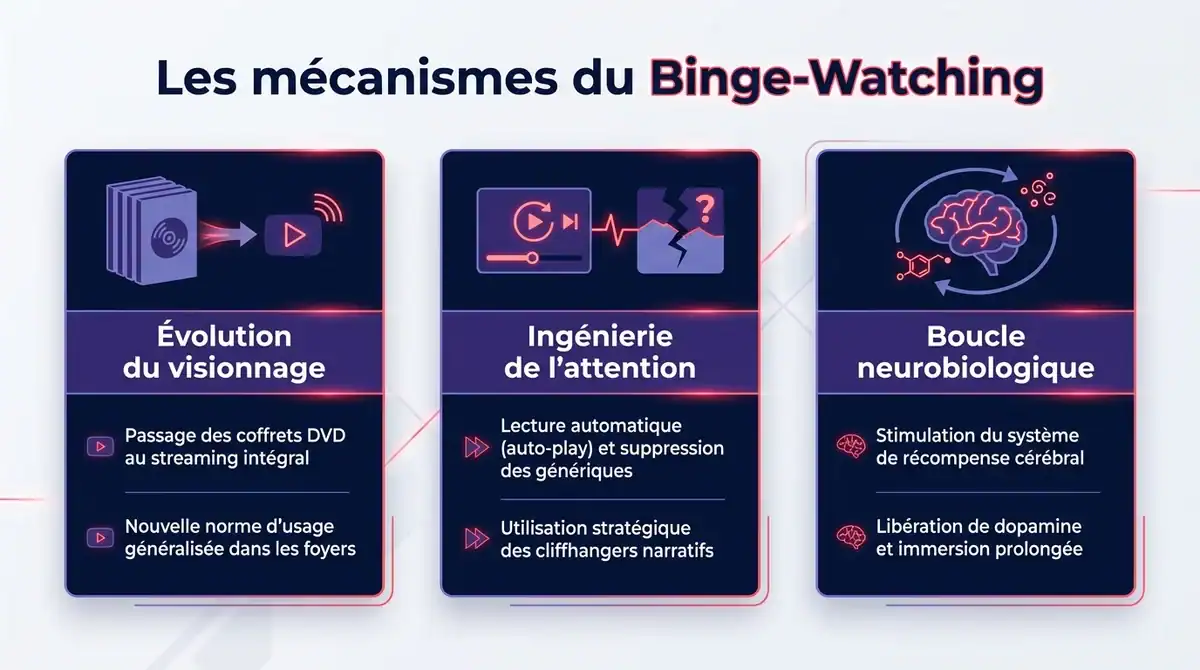 Infographie sur les mecanismes du binge watching entre evolutions techniques et boucle de dopamine.