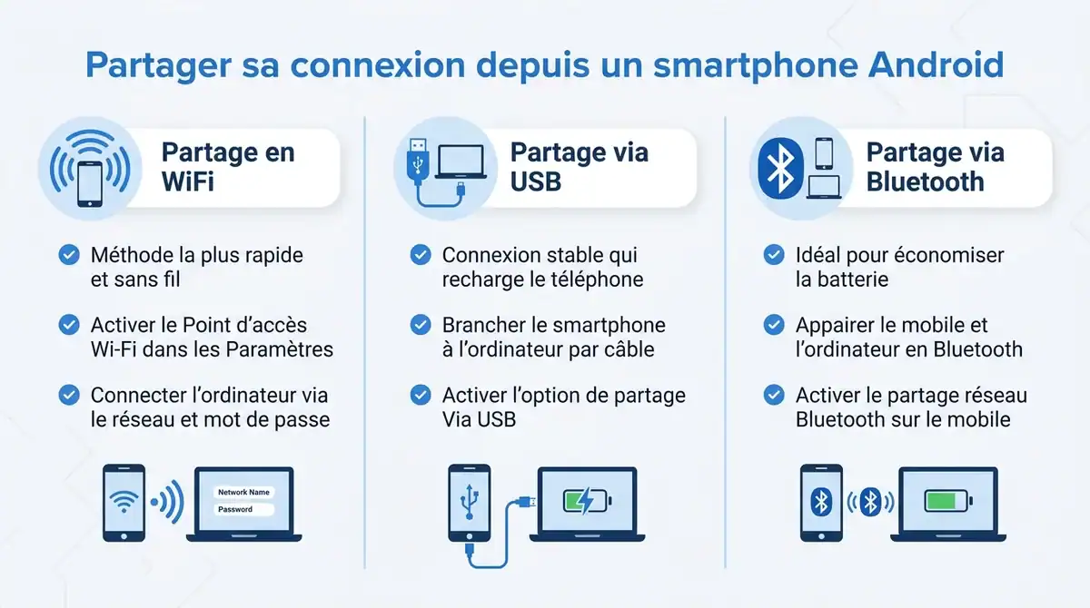 Infographie présentant trois méthodes pour faire un partage de connexion sur Android : WiFi, USB et Bluetooth.