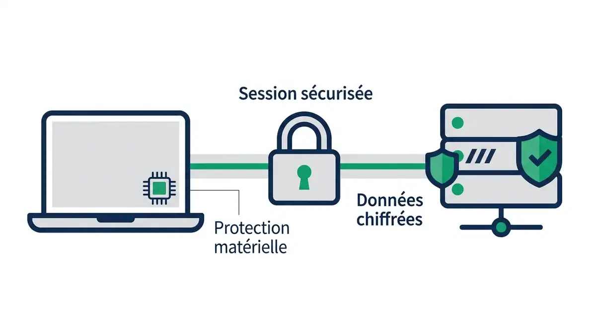 Infographie sur la sécurité des cookies internet : session sécurisée, protection matérielle et données chiffrées.