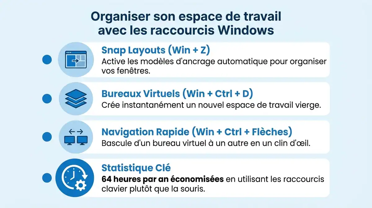 Infographie sur les raccourcis clavier Windows pour organiser ses fenêtres et bureaux virtuels.