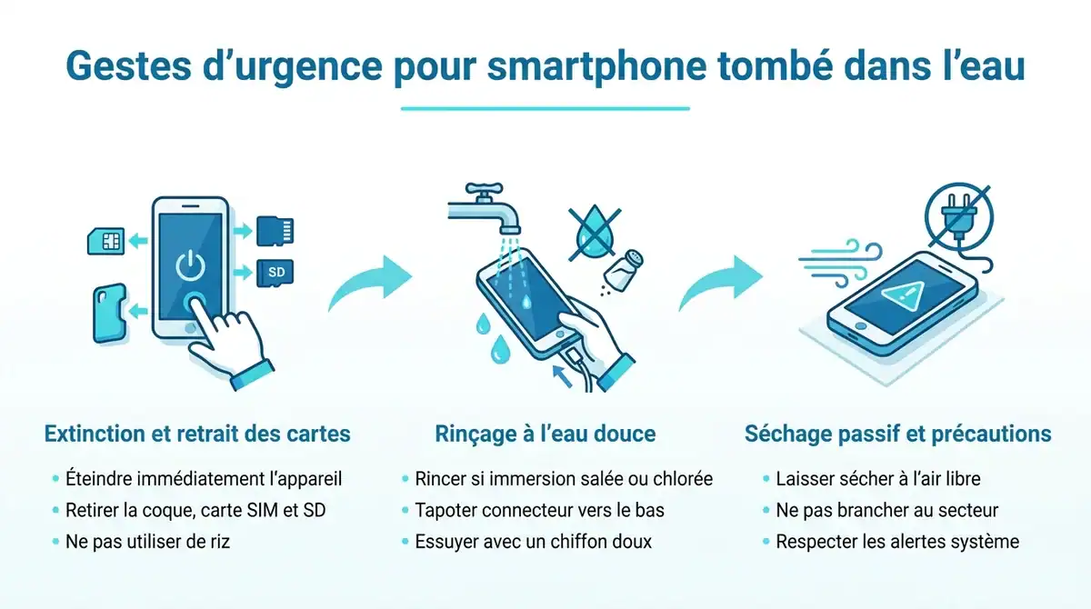 Infographie résumant les gestes d'urgence pour sauver un smartphone tombé dans l'eau : éteindre, rincer et sécher.