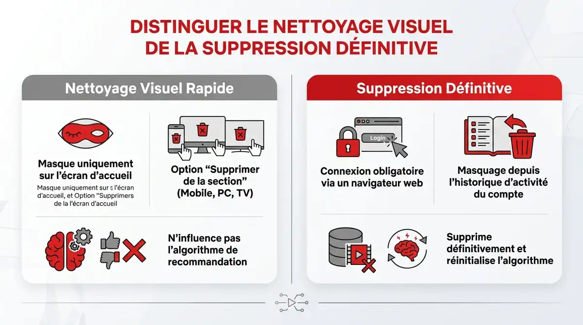 Infographie comparative entre le nettoyage visuel de l'accueil Netflix et la suppression définitive de l'historique.