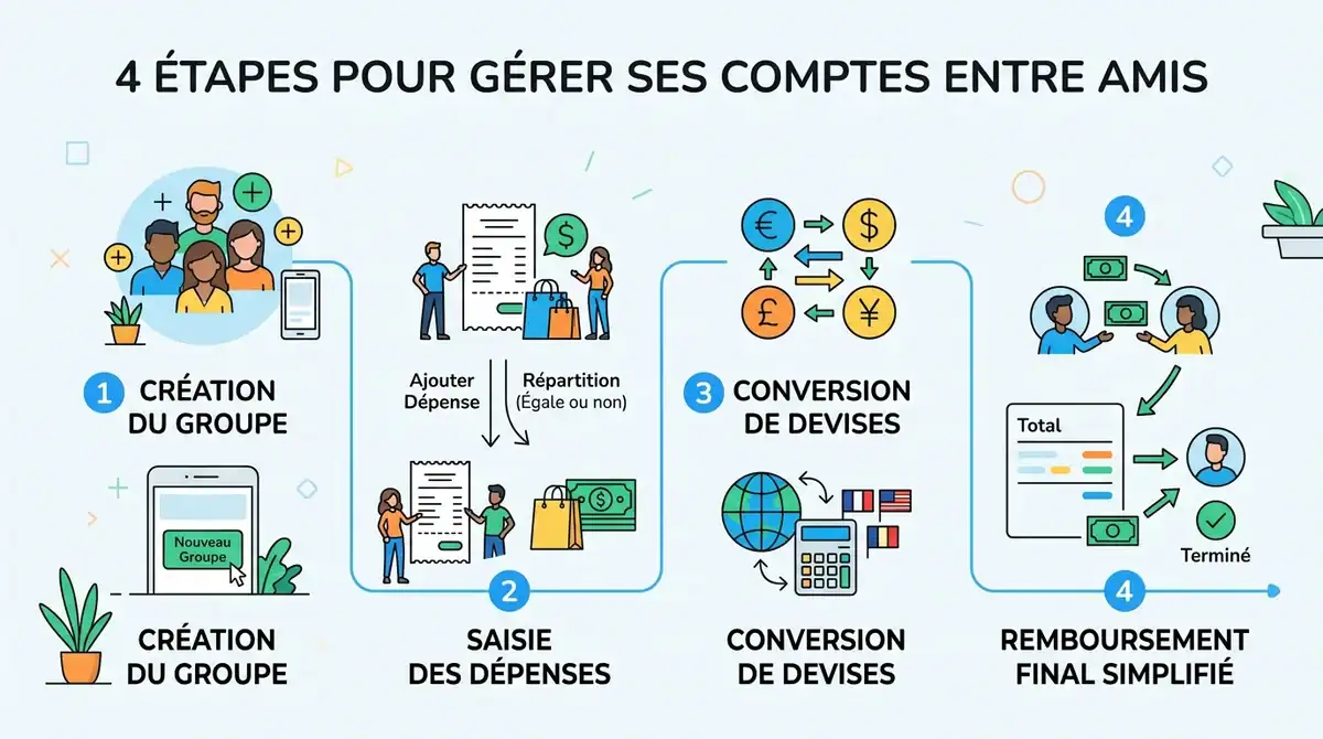 Infographie des 4 étapes Tricount pour gérer ses comptes : création, dépenses, devises et remboursement entre amis.
