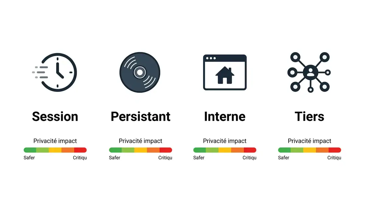 Infographie comparative des types de cookies : session, persistant, interne et tiers pour la protection web.