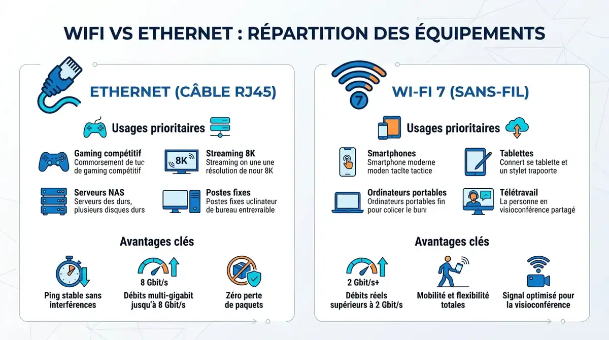 Infographie comparative expliquant quand utiliser le Wi-Fi 7 ou le câble Ethernet selon vos équipements.