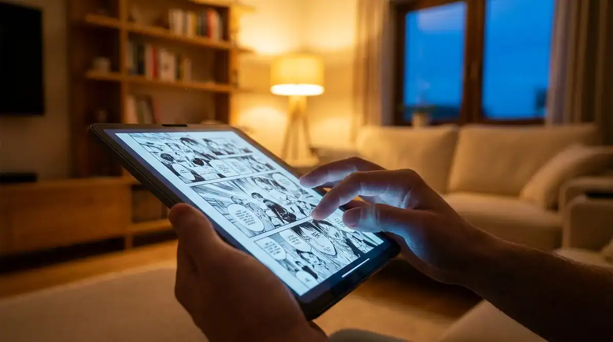 Jeune adulte lisant des mangas sur une tablette dans un salon cosy pour découvrir la nouvelle adresse d'Inovascan.