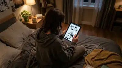 Adolescent lisant des mangas sur tablette via CrunchyScan dans une chambre, guide complet des scans en 2026.