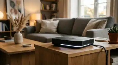 Livebox Orange avec un voyant blanc clignotant sur une table en bois, illustrant un diagnostic de connexion internet.