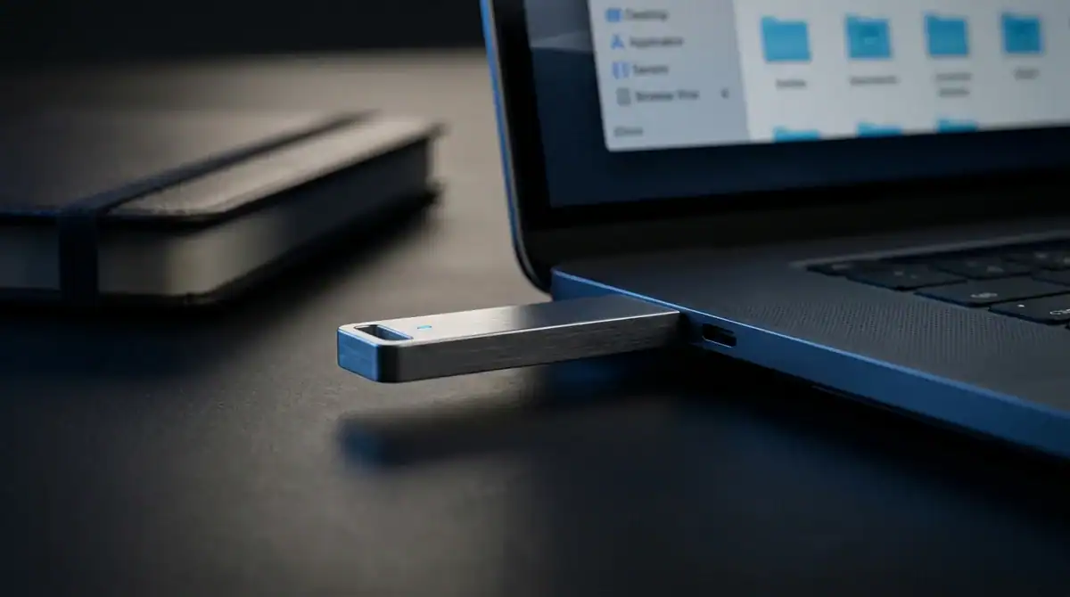 Clé USB en aluminium branchée sur un ordinateur portable pour utiliser des logiciels portables sans installation.