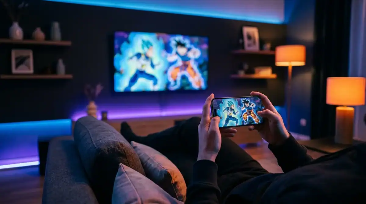 Personne regardant des anime en streaming sur un smartphone dans un salon moderne avec un éclairage néon relaxant.
