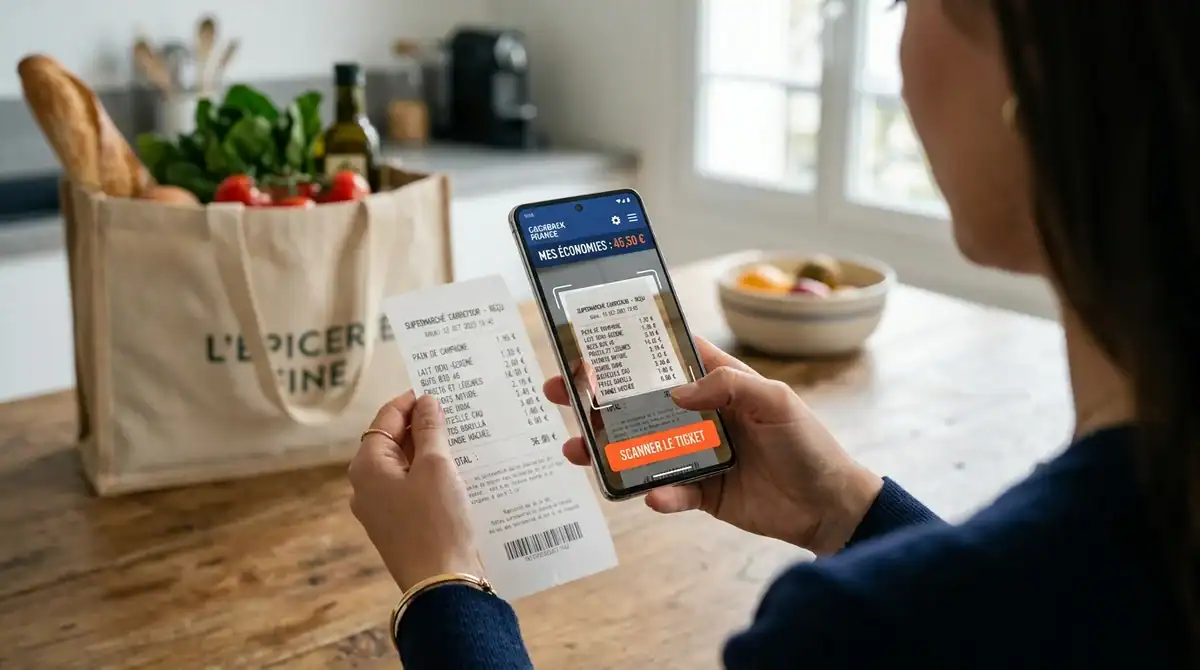 Utilisation de la meilleure application cashback 2026 pour scanner un ticket de caisse et cumuler des économies.