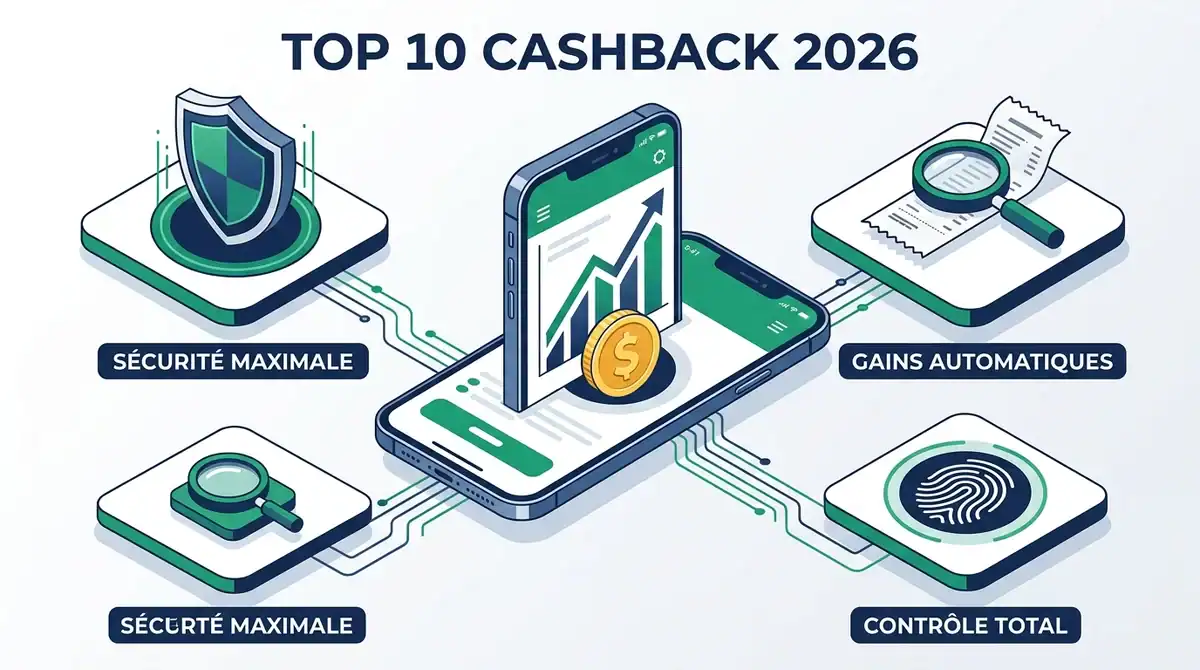 Infographie du top 10 des meilleures applications cashback 2026 : sécurité, gains automatiques et contrôle total.