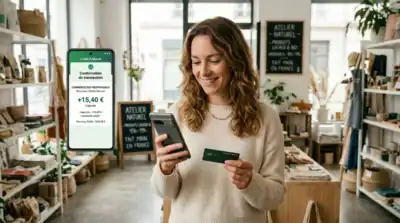 Femme utilisant la meilleure application cashback 2026 sur son smartphone pour un achat en magasin.