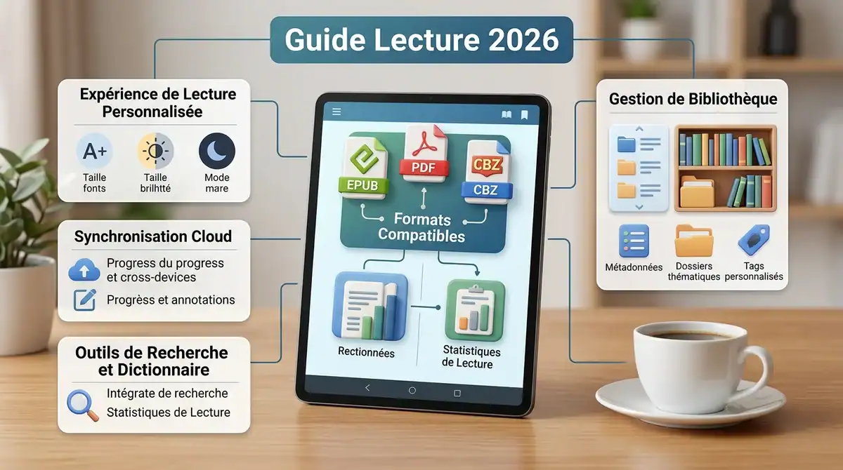 Infographie du guide 2026 des meilleures applications de lecture : formats EPUB/PDF et gestion de bibliothèque numérique.