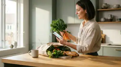 Personne souriante dans une cuisine moderne organisant ses courses avec une application mobile sur smartphone.