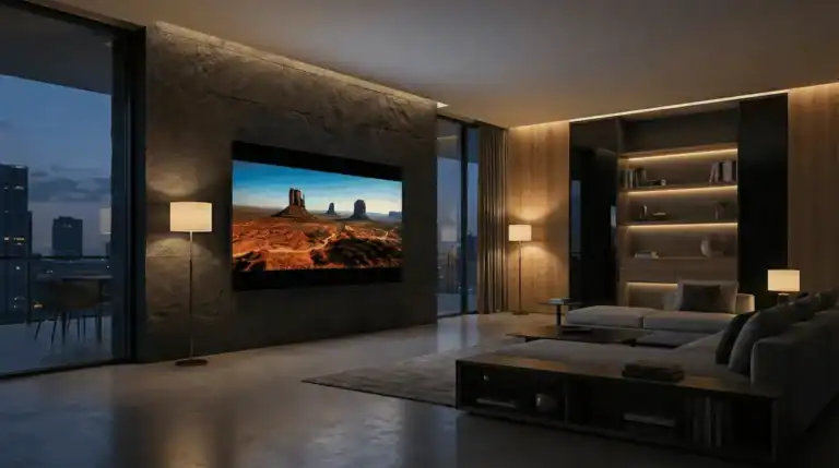 Salon moderne avec TV OLED 2026 affichant une image cinéma aux contrastes parfaits.
