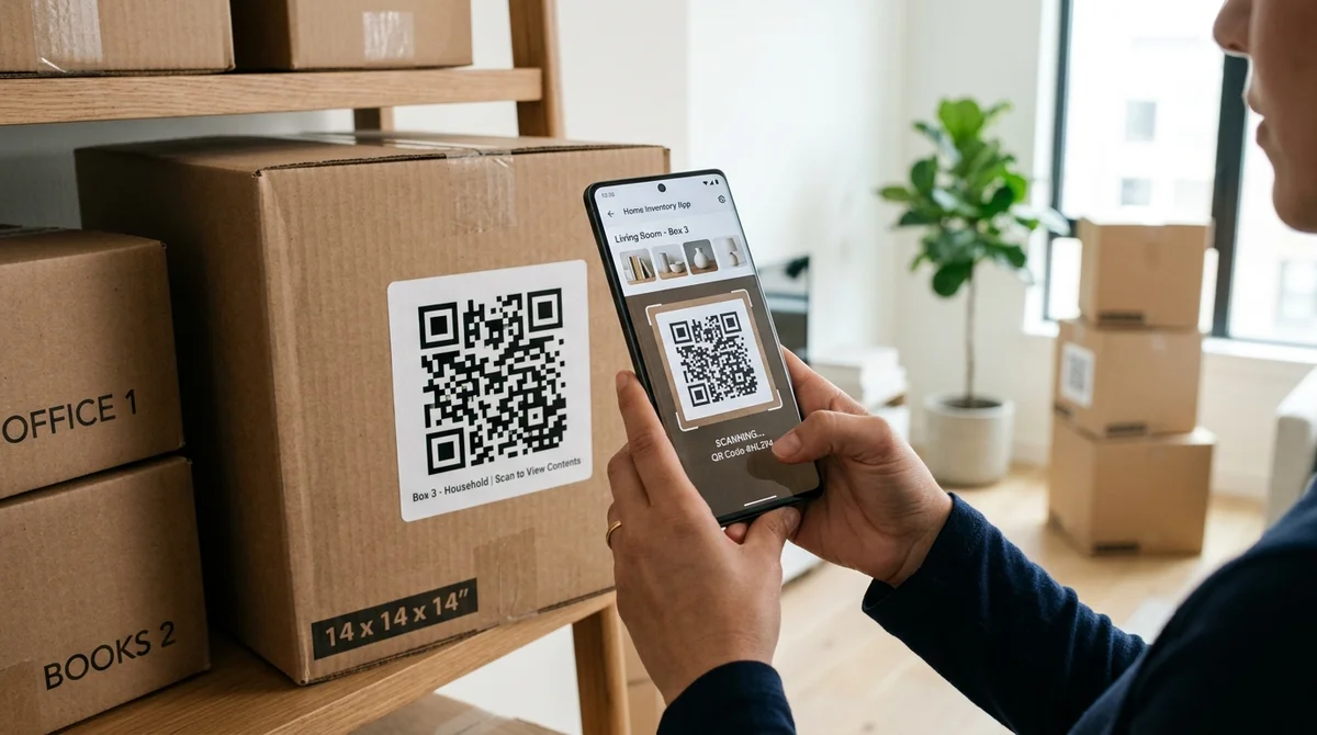 Utilisation d'une application déménagement Android pour scanner un carton via un QR code.