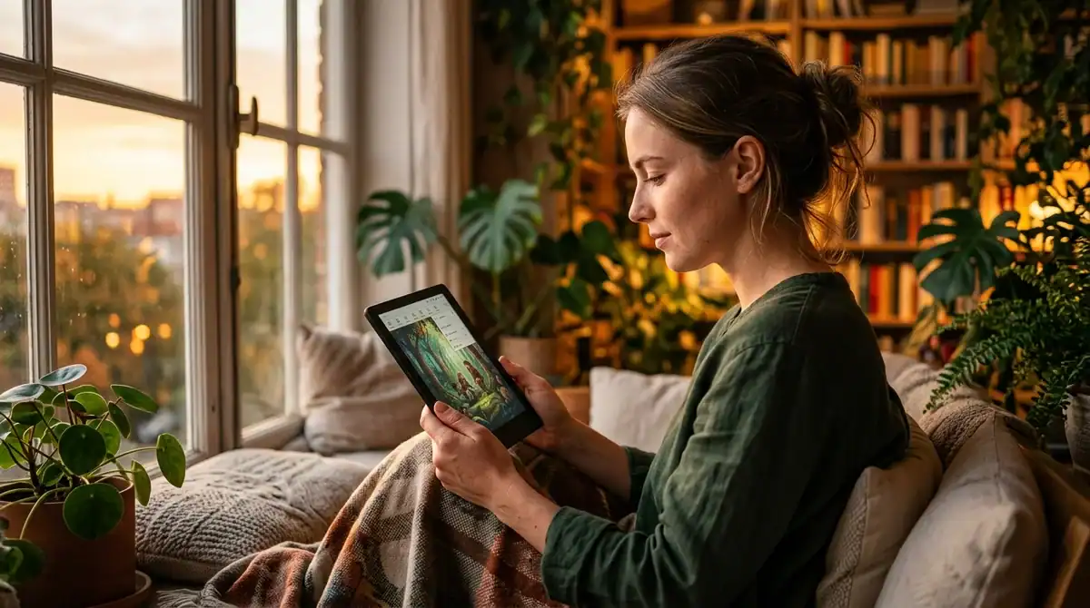Personne utilisant une application de lecture sur liseuse couleur dans un coin lecture chaleureux.