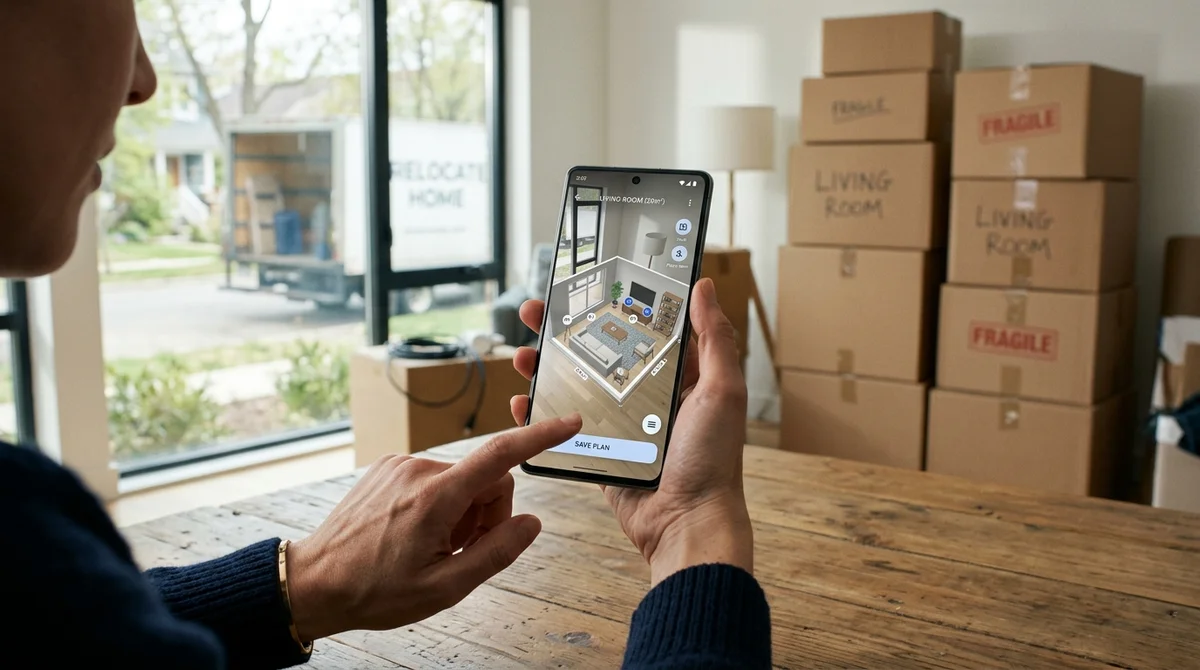 Application de déménagement Android avec plan 3D AR lors d'un emménagement dans un appartement.