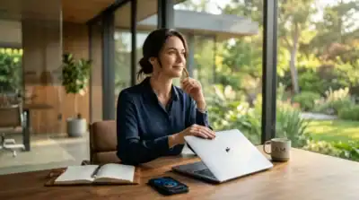 Femme au bureau fermant son laptop pour son message d'absence Outlook 2026 géré par IA et sécurisé.