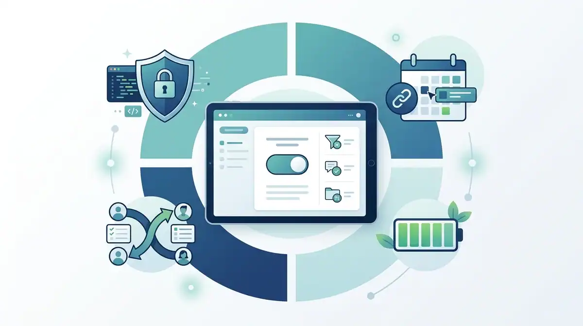 Infographie message d'absence Outlook 2026 : IA, cybersécurité, gestion des tâches et bien-être au travail.