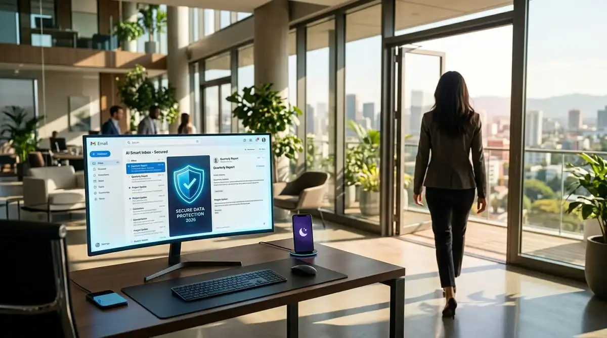 Bureau moderne 2026 avec interface Outlook IA sécurisée et icône bouclier pour message d'absence.