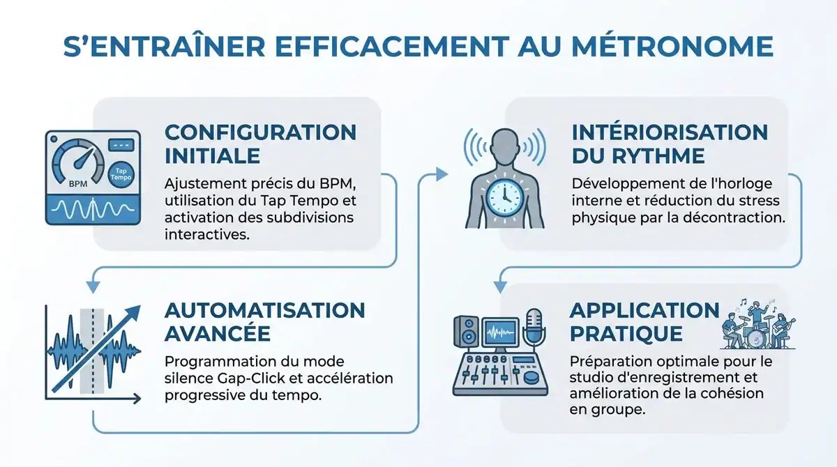 Infographie expliquant la méthode pour s'entraîner efficacement avec un métronome en ligne en 4 étapes.