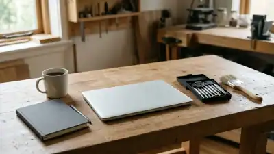 Établi en bois avec un ordinateur portable fermé, une boîte de tournevis de précision, un pinceau, une tasse et un carnet.
