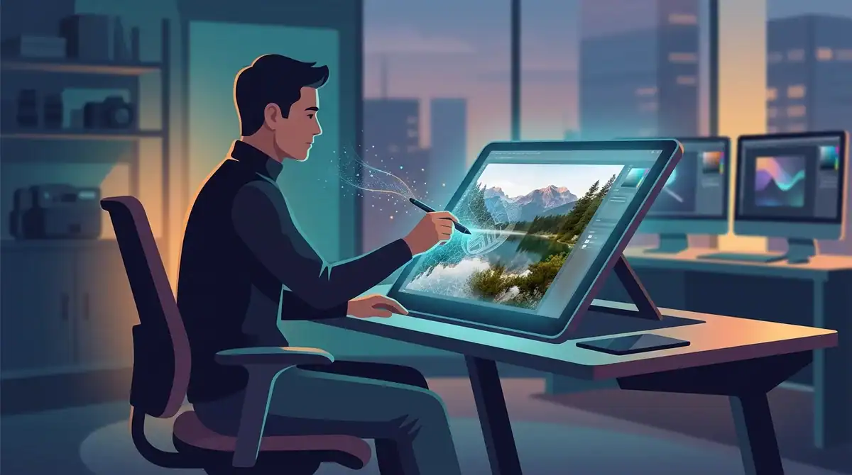 Illustration d'un outil IA pour enlever un filigrane sur une photo avec précision dans un studio digital.