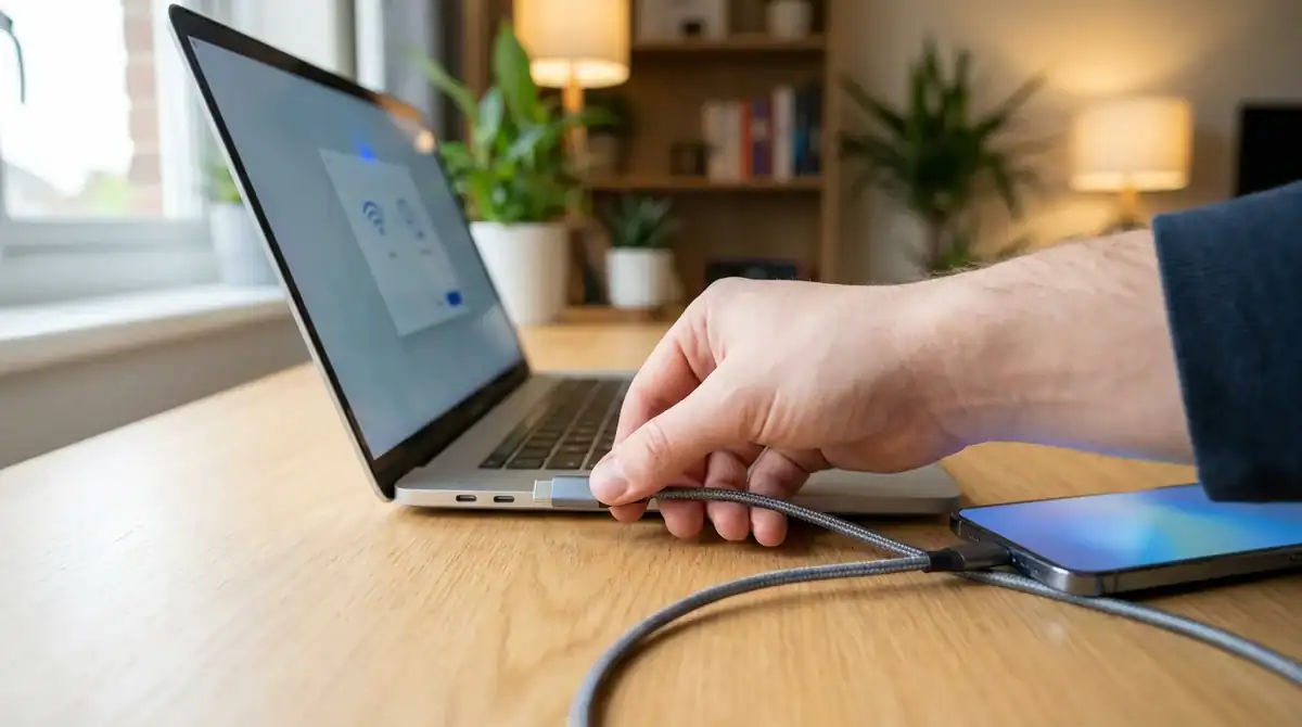 Main connectant un smartphone en USB-C à un ordinateur portable pour réaliser un partage de connexion internet