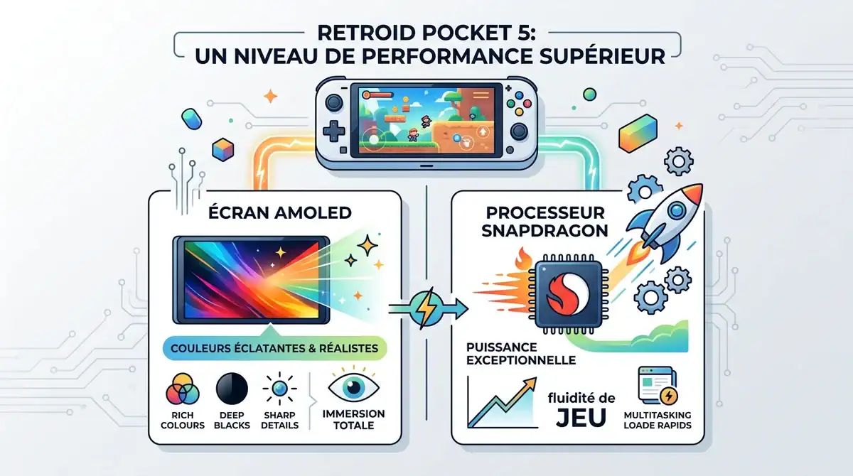Infographie des performances de la Retroid Pocket 5 avec écran AMOLED et processeur Snapdragon.