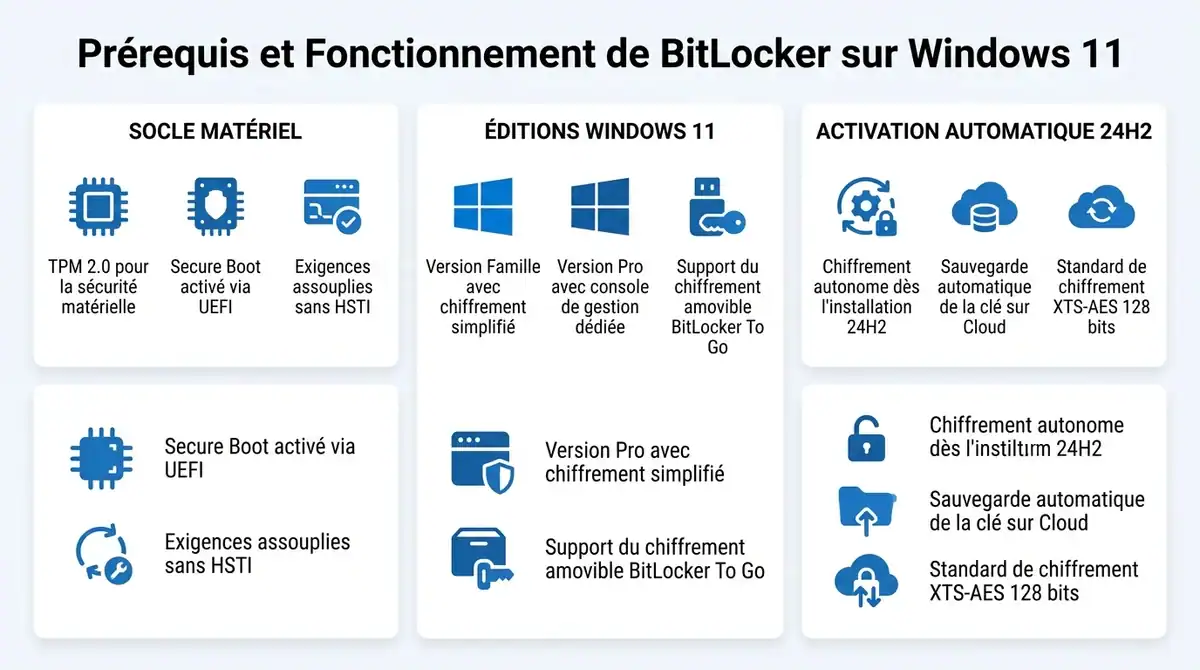 Infographie des prerequis BitLocker Windows 11 TPM 2.0 Secure Boot et comparaison des editions Pro et Famille.