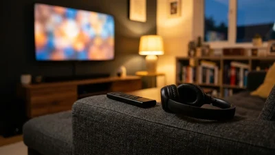 Une télécommande et un casque sans fil posés sur l’accoudoir d’un canapé, devant un téléviseur allumé en arrière-plan