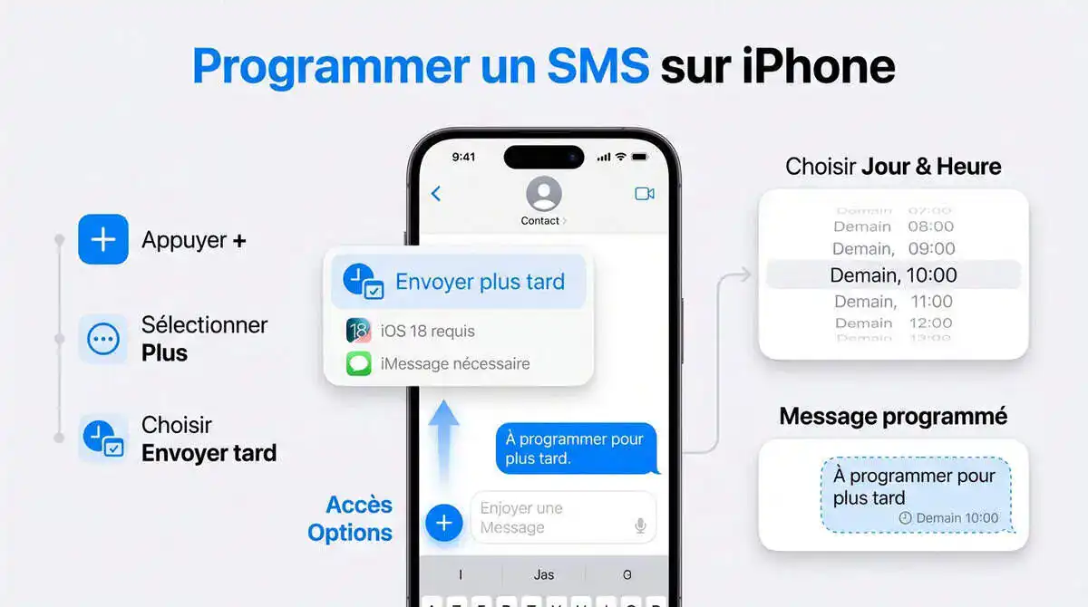 Interface de l'application Messages sur iPhone montrant la programmation d'un envoi différé
