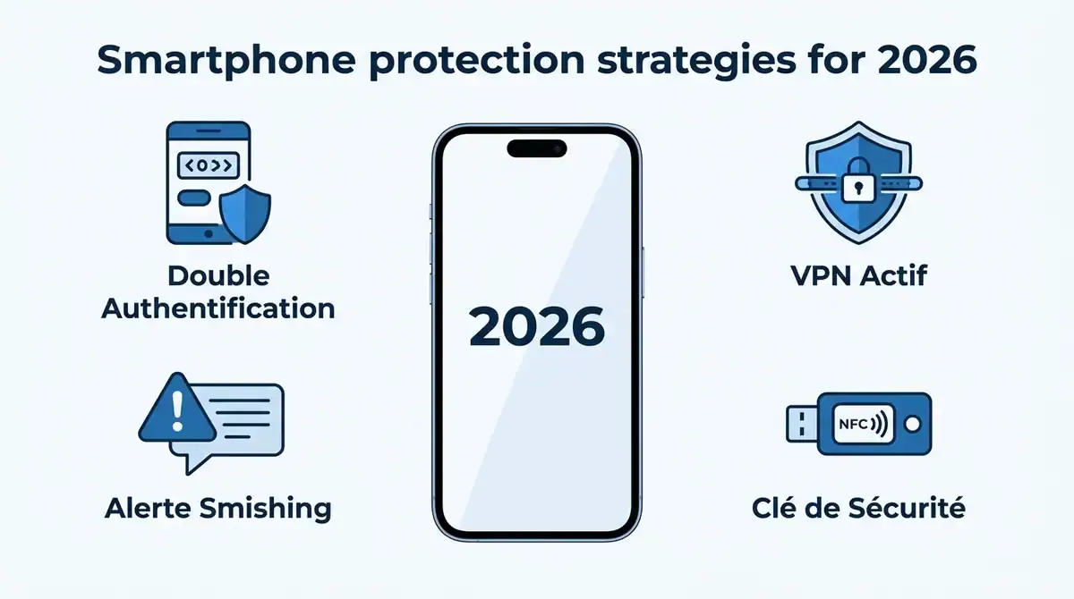 Infographie protection smartphone 2026 : double authentification, VPN, alertes smishing et clé de sécurité FIDO2.