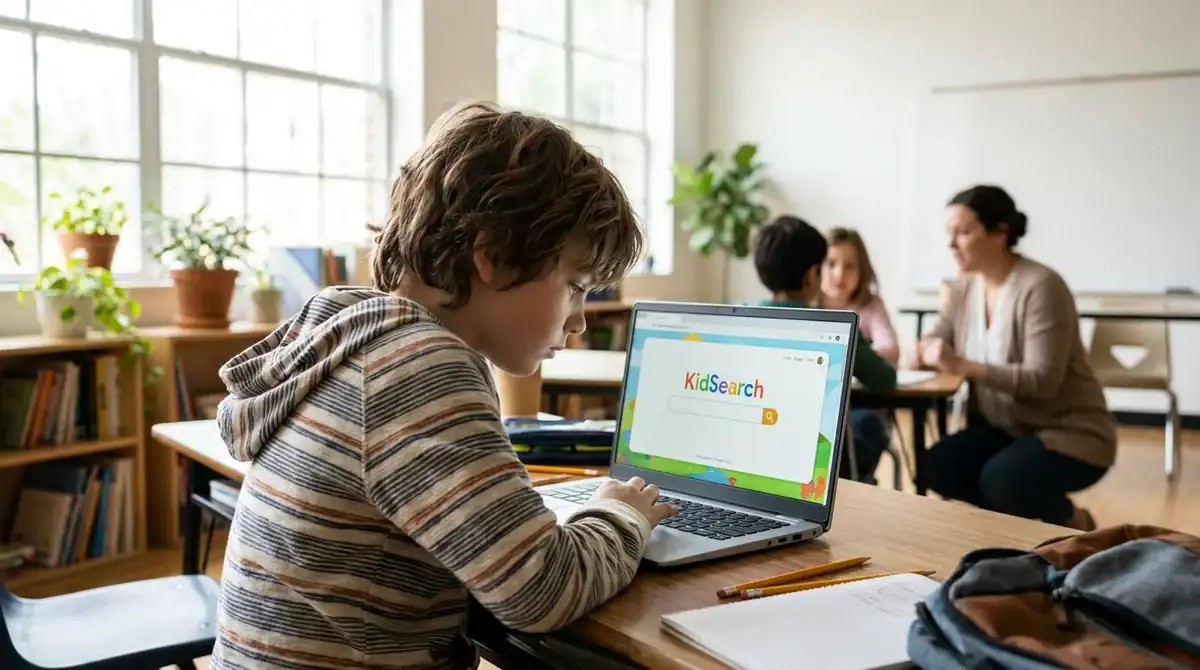 Enfant utilisant Qwant Junior sur un ordinateur portable dans une salle de classe lumineuse pour ses recherches.