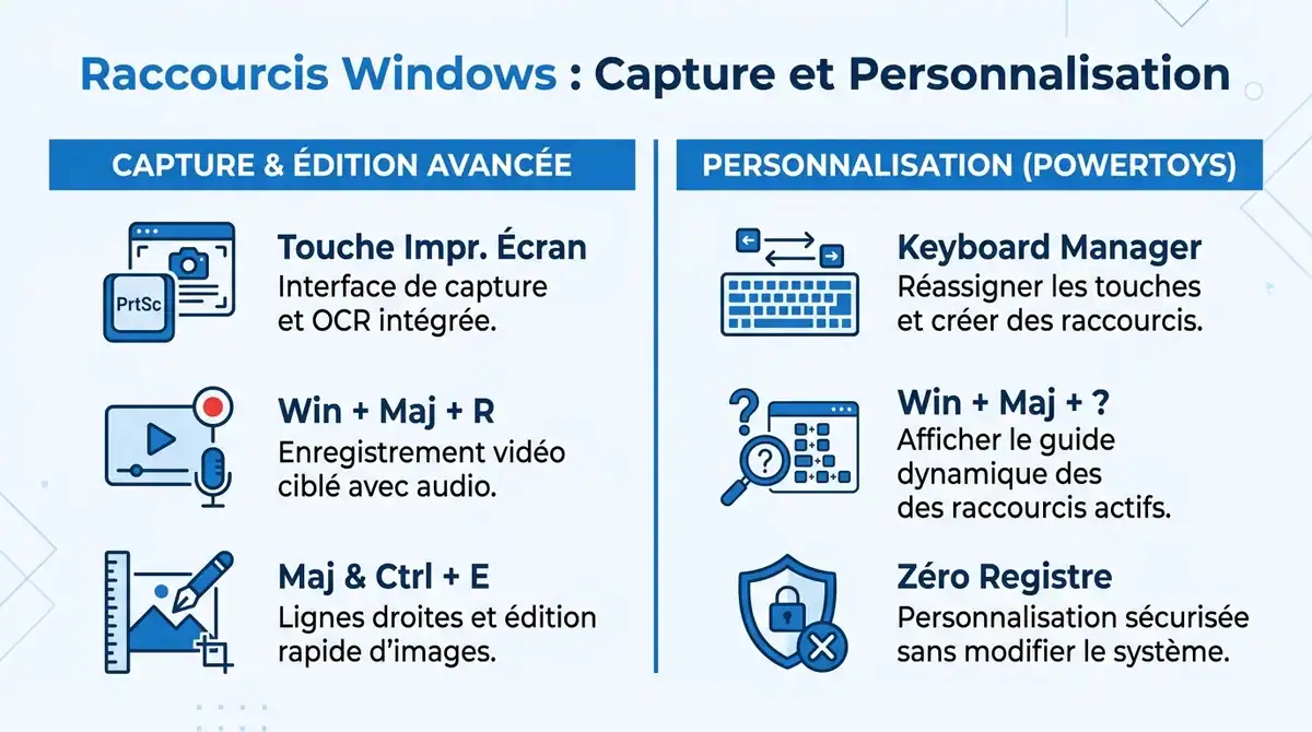 Infographie comparant les raccourcis de capture d'écran Windows et la personnalisation avec PowerToys.