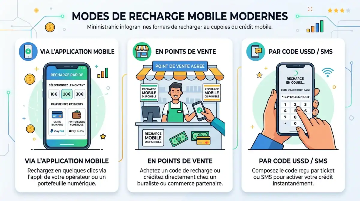 Infographie des modes de recharge Lebara : application mobile, points de vente et activation rapide de crédit et data.