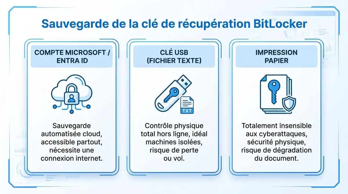 Infographie comparant les supports de sauvegarde pour la clé de récupération BitLocker sous Windows 11.