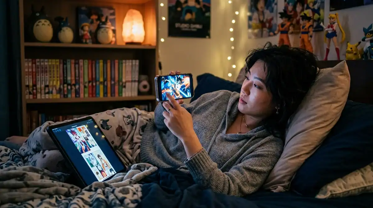 Jeune adulte profitant du streaming anime et de scans manga sur Sekai One via smartphone et tablette.