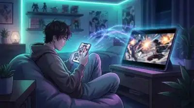 Illustration d'un fan lisant des scans et regardant du streaming Sekai One dans une chambre aux tons néon.