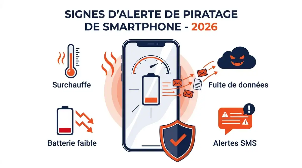 Infographie des signes de piratage smartphone en 2026 : surchauffe, batterie faible et fuites de données.