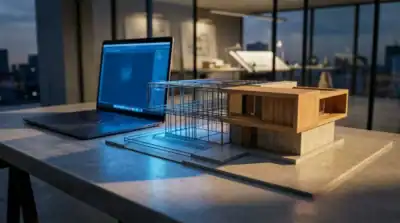 Ordinateur portable avec logiciel SketchUp en ligne et maquette architecturale sur un bureau de designer moderne.