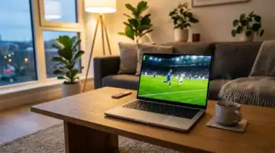 Match de foot en streaming sur ordinateur, alternative a Sportlemon TV dans un salon moderne et elegant.