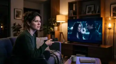 Une personne frustrée devant sa télévision affichant un cercle de buffering lors d'un streaming qui saccade.