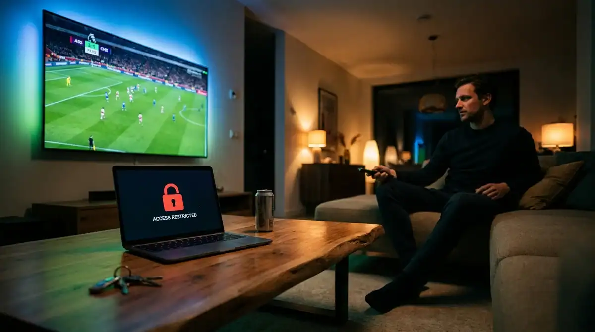 Homme moderne regardant le sport chez lui sur un ordinateur portable, illustrant le streaming sportif légal.