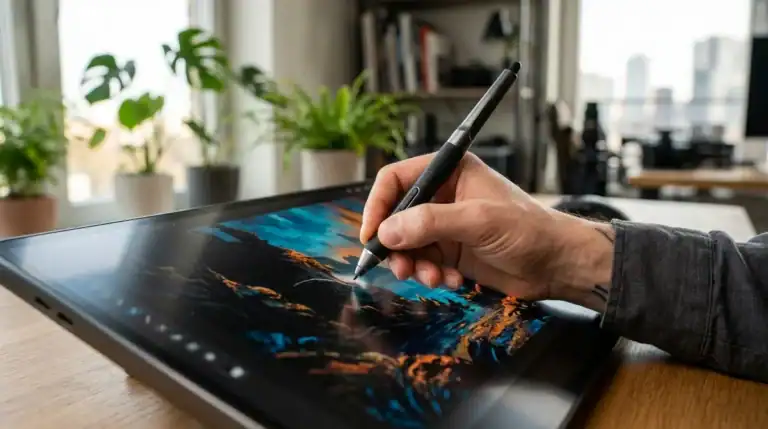Artiste utilisant un stylet haute précision sur une tablette graphique OLED moderne pour le dessin numérique en 2026.