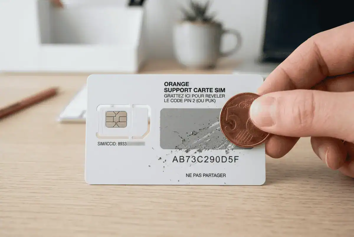 Grattage de la zone de sécurité d'un support de carte SIM avec une pièce de monnaie pour révéler le code PUK.