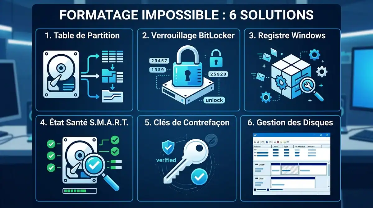 Infographie Windows : 6 solutions pour corriger un formatage impossible (BitLocker, registre, partition et SMART).
