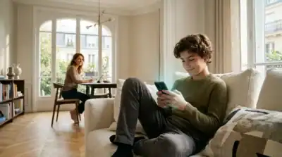 Ado utilisant le coaching IA Xooloo sur smartphone dans un salon, avec sa mère souriante en arrière-plan.